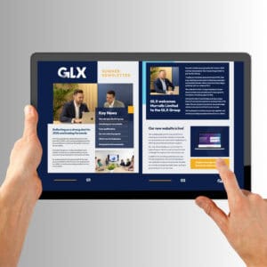 photo of a tablet computer with the GLX newsletter